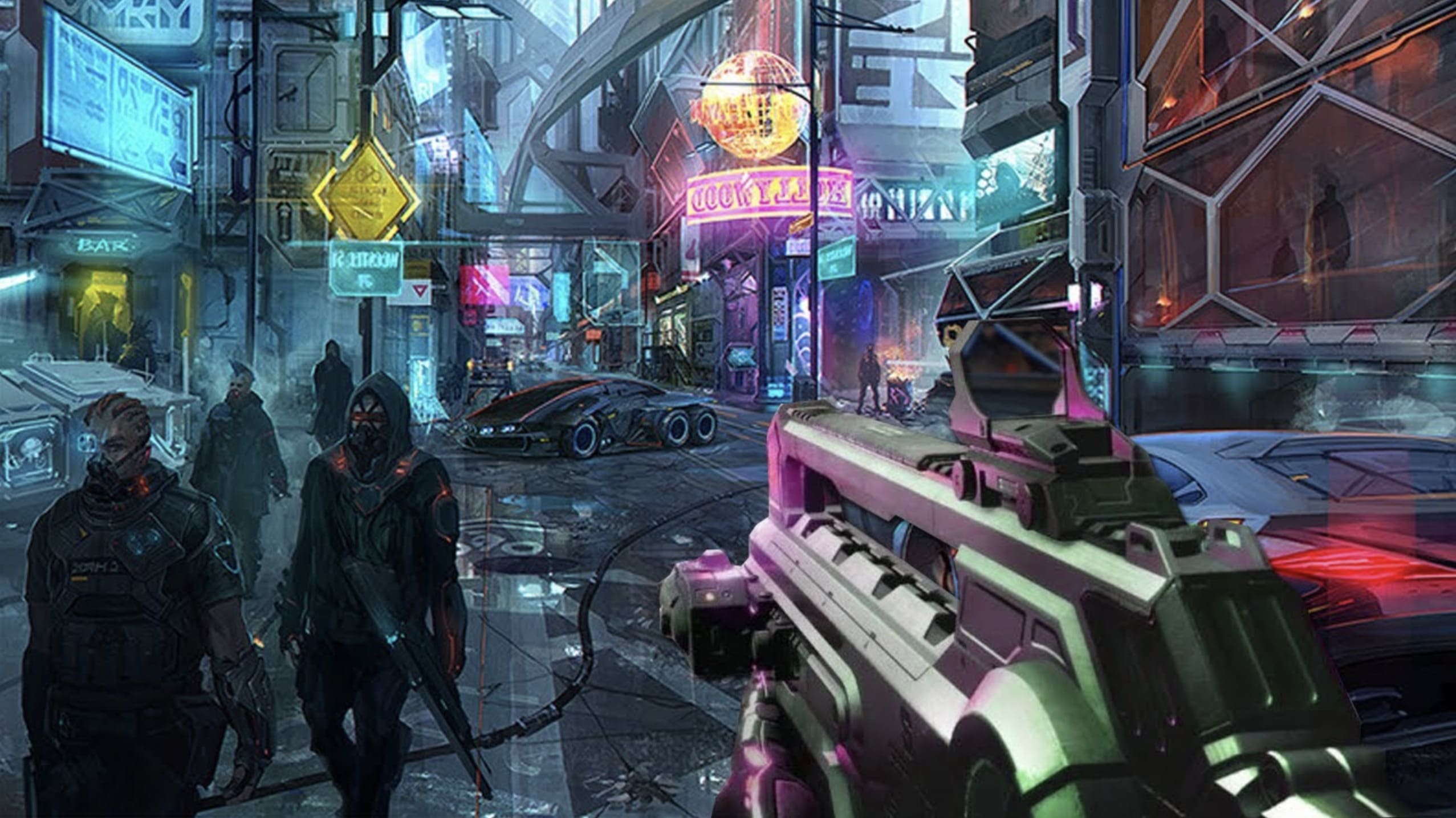 Juego Cyberpunk 2077 visto desde tercera persona en visión FPS